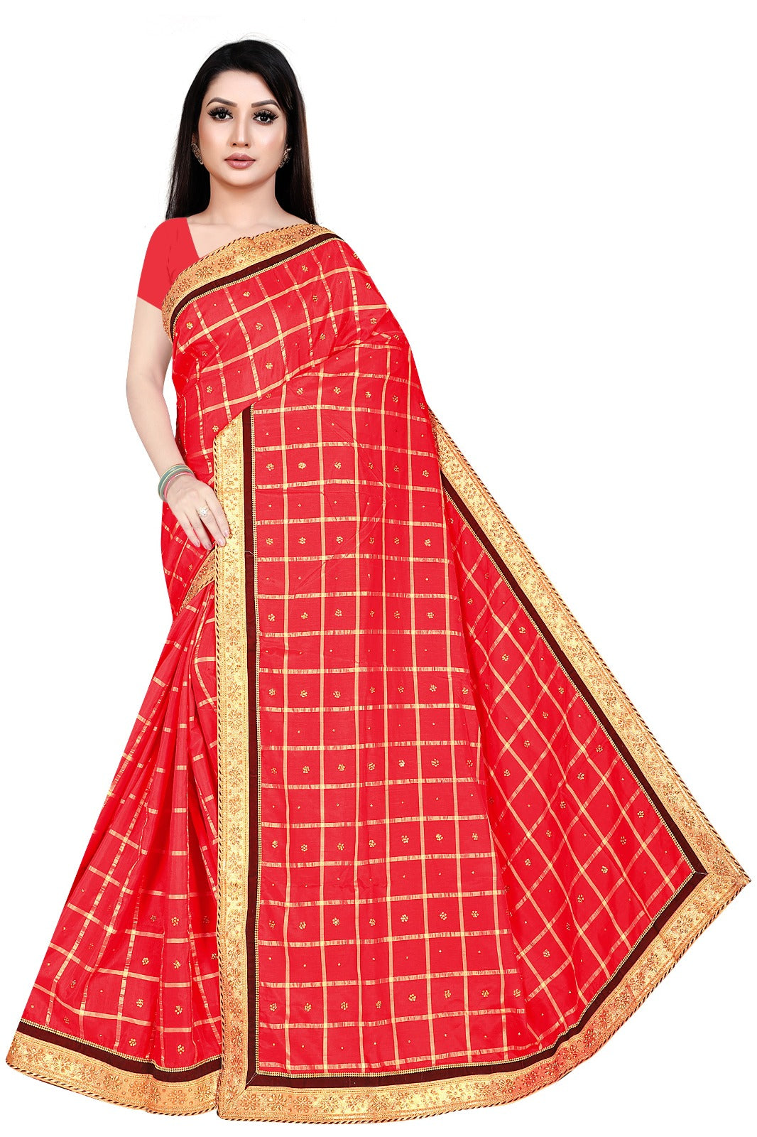 VICHITRA/GEORGETE CUT BORDER STONE WORK 4 LINE NALKI DESIGN SAREES