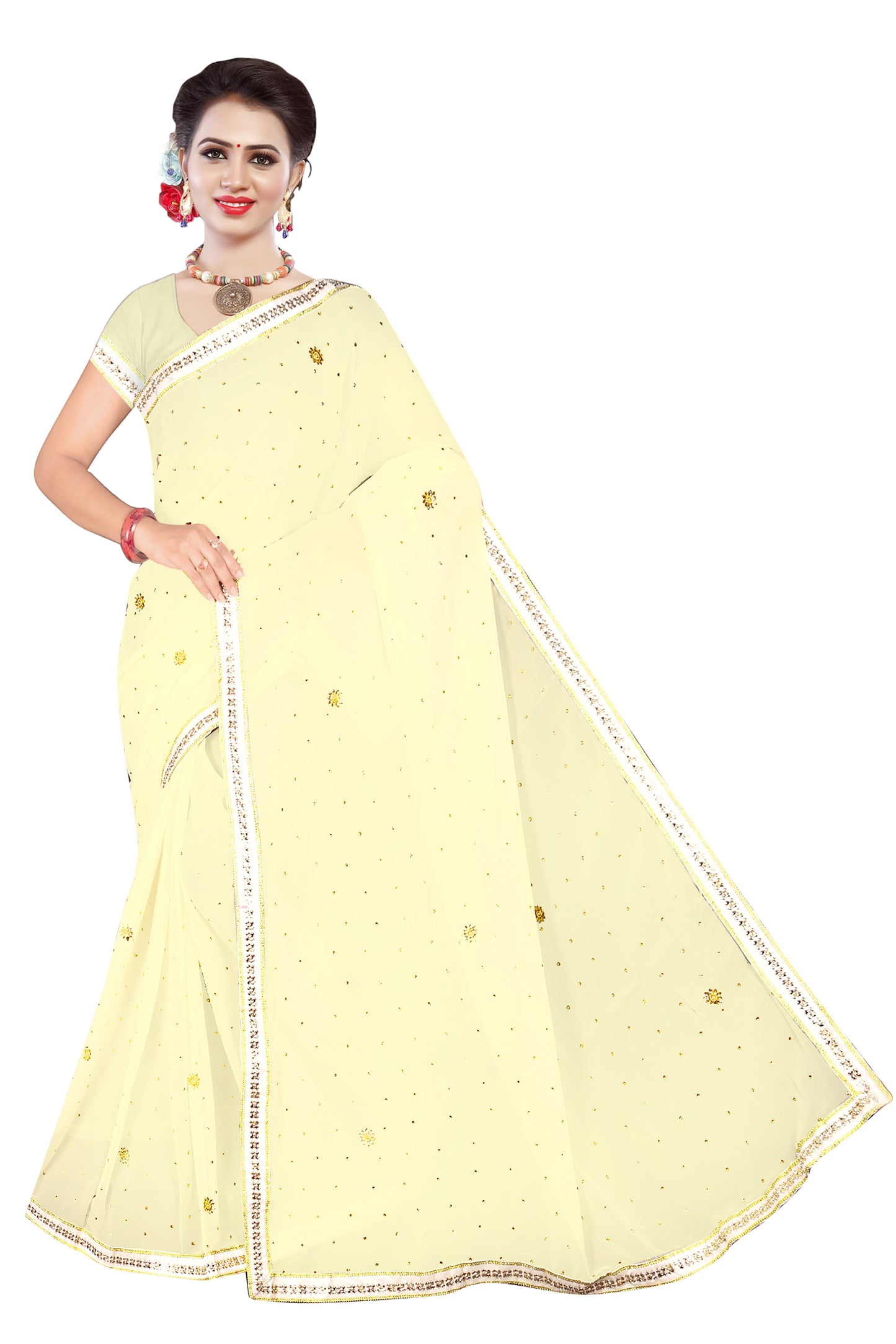 GEORGETTE  BUTI STONE WORK SATIA READYMADE LACE BORDER