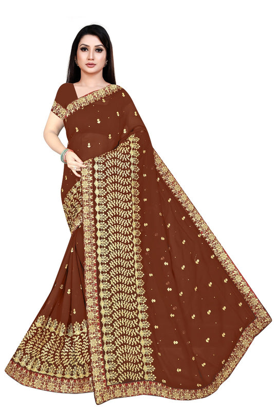 VICHITRA/GEORGETE CUT BORDER STONE WORK 4 LINE NALKI DESIGN SAREES