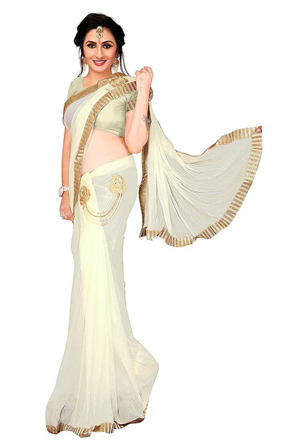 LYCRA GOLDEN LACE LEHNGA STYLE SAREE WITH BROUCH