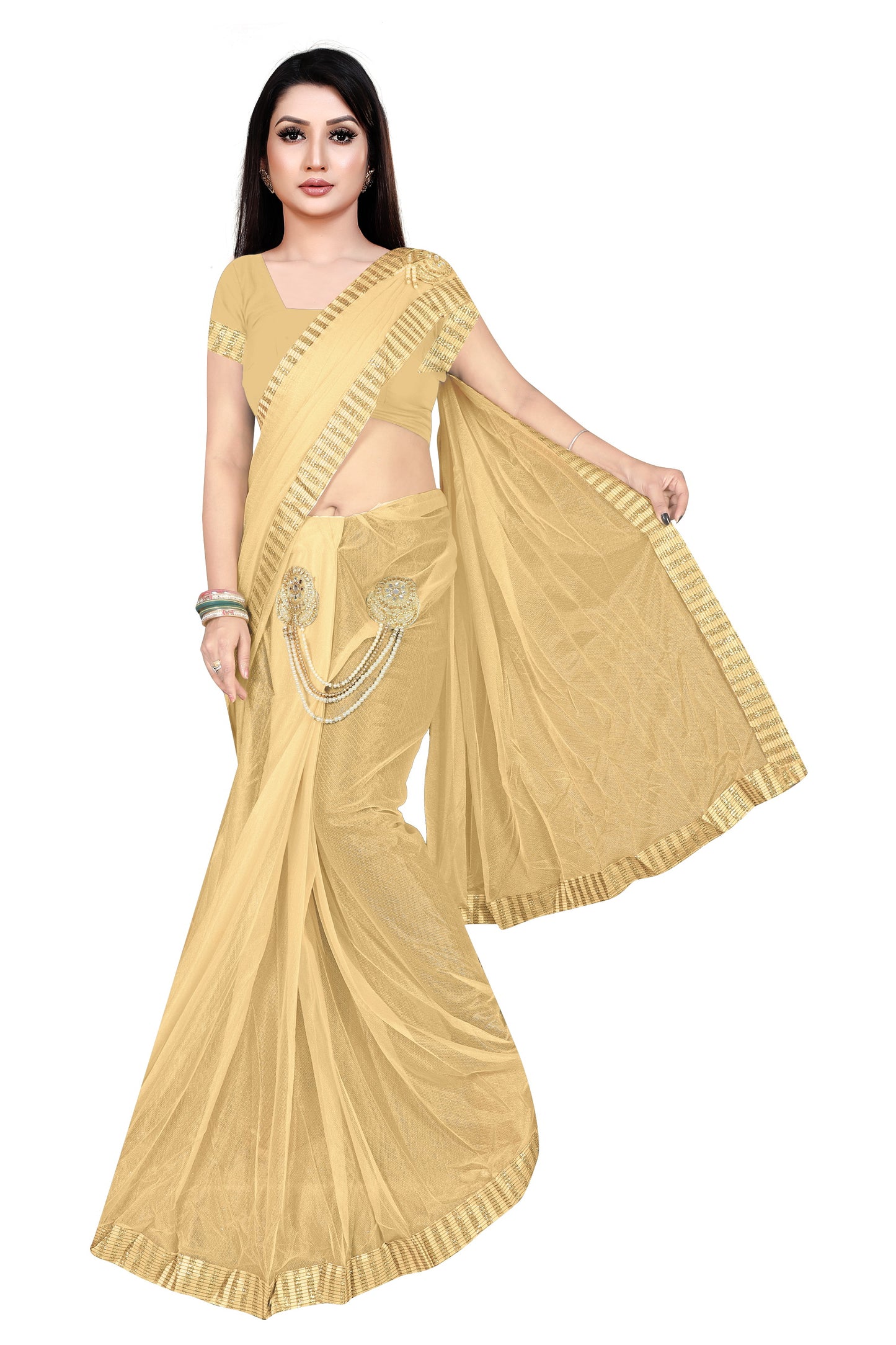 LYCRA GOLDEN LACE LEHNGA STYLE SAREE WITH BROUCH